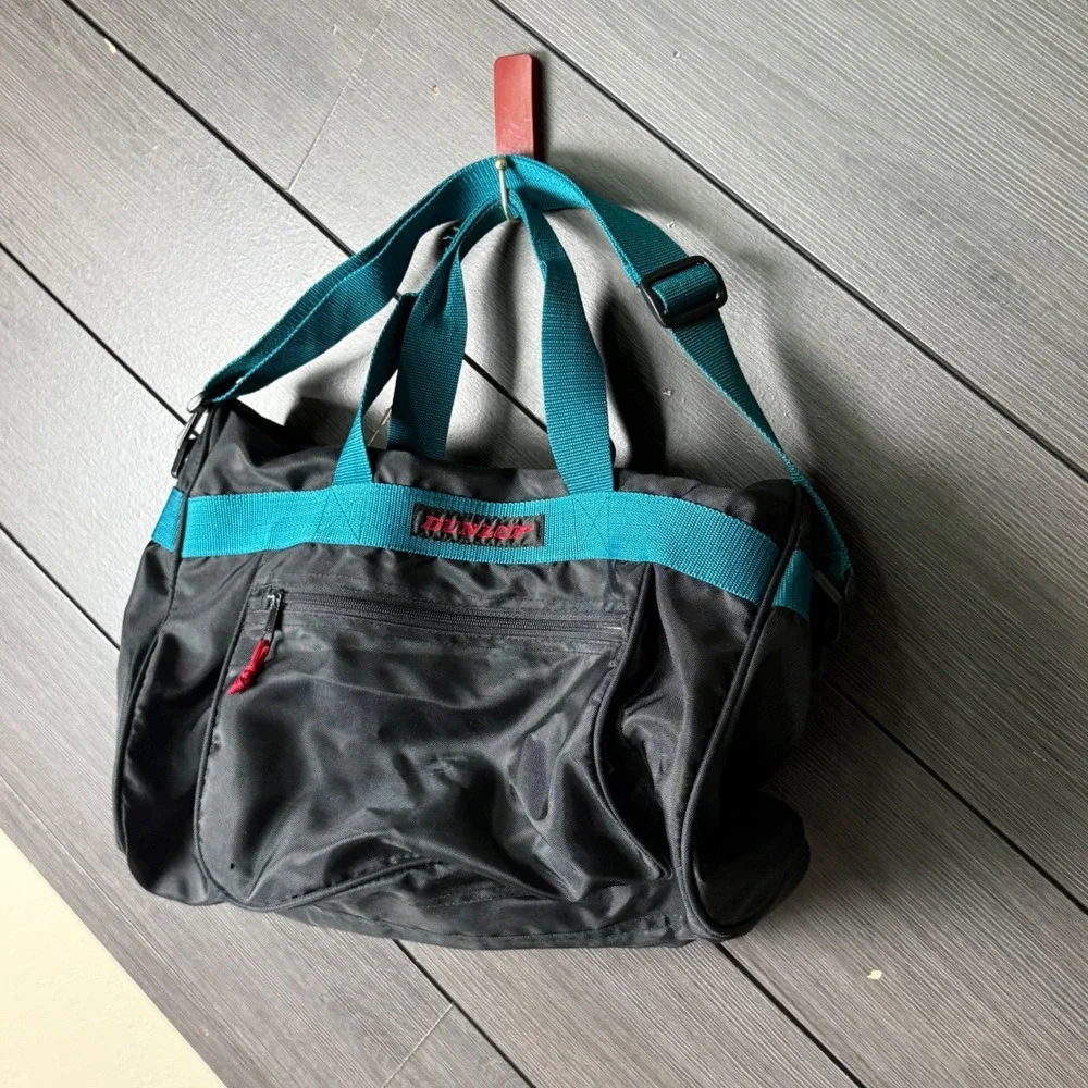 Vintage Dunlop Black Teal Nylon Duffel Gym Travel Bag Shoulder Strap 90s